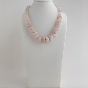 Chunky Natural Pink Rose Quartz Stone Beaded Necklace Silver Tone Statement 20"
